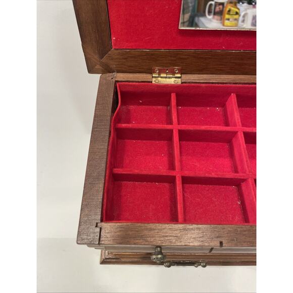 Vintage Two Drawer Oak Wood Jewelry Box with Brocade Fabric Top Beautiful - Picture 4 of 11